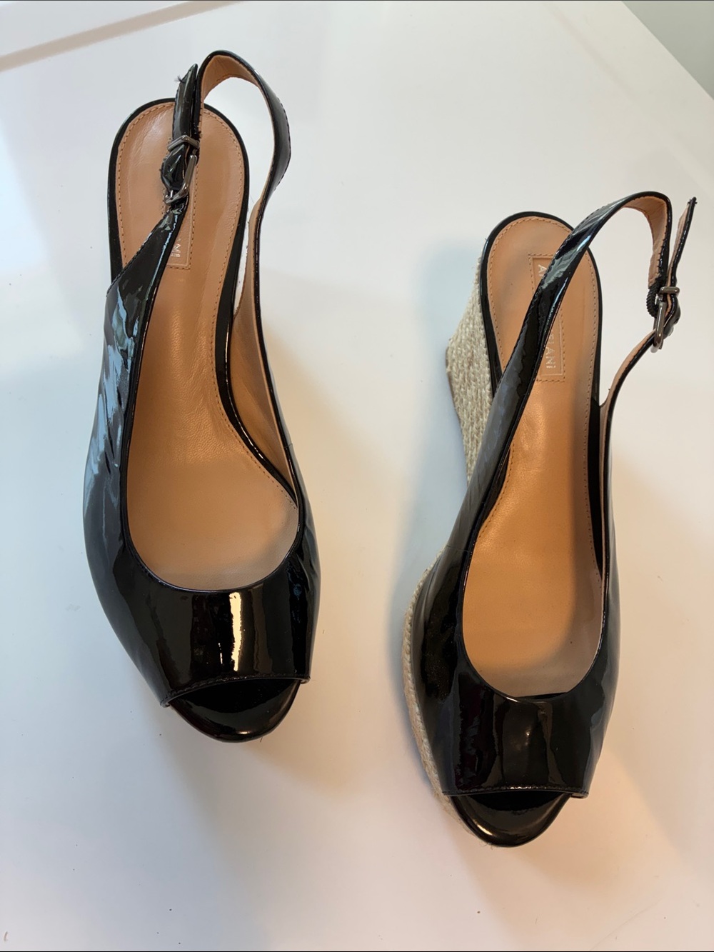 ANTONIO MELANI Black Patent Slingback Wedge Peep-Toe Espadrille SIZE 9M leather